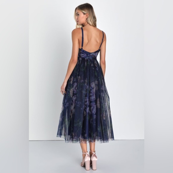 Elaborate Elegance Navy Floral Print Tulle Pleated Midi Dress - Picture 4 of 5